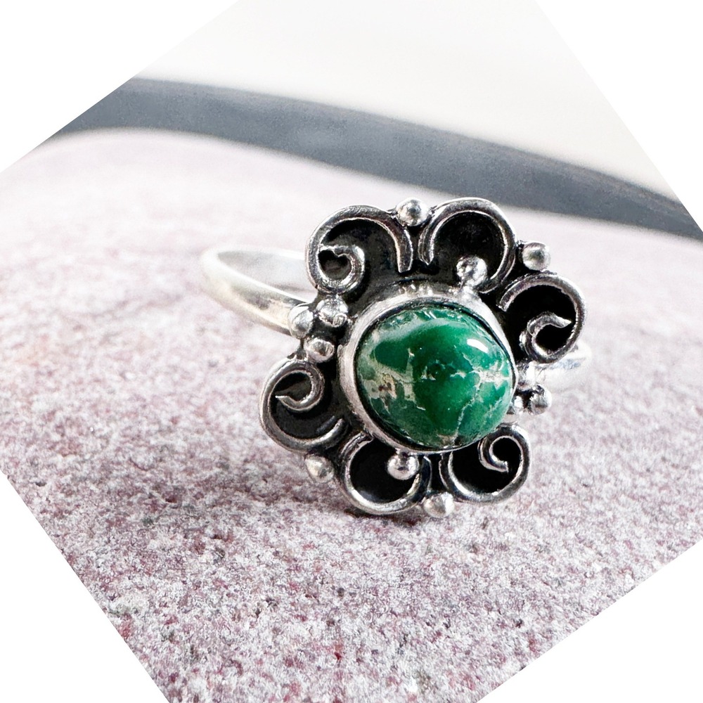 Sonoran Turquoise Sterling Silver Scroll Filigree Ring Size‎ 8 Southwestern 925